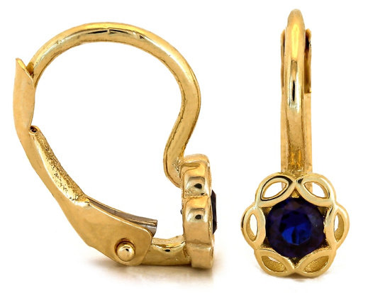 Złote kolczyki dla dziewczynki z ciemnym niebieskim oczkiem