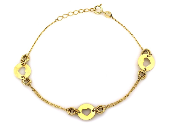 Złota bransoletka z łańcuszków ozdoby z wycinanymi sercami