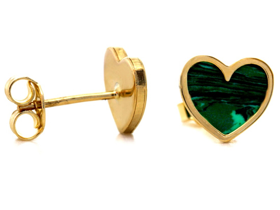 Kolczyki złote zielone serce z malachitem