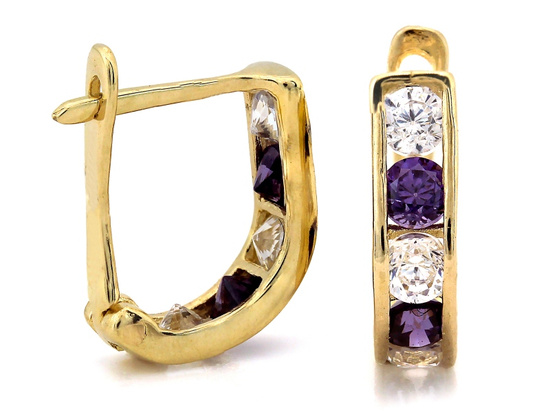 Złote kolczyki przecinki z fioletowymi cyrkoniami
