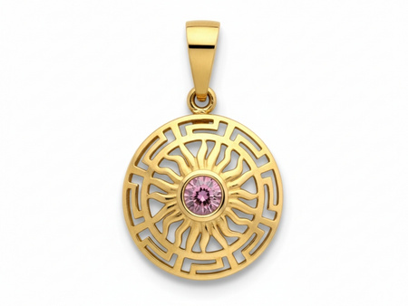 Zawieszka złota okrągła z różowym rodolitem