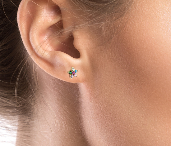 Złote kolczyki 585 z kolorowymi cyrkoniami - kwiatki