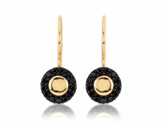 Kolczyki złote na biglu okrągłe z czarnymi cyrkoniami