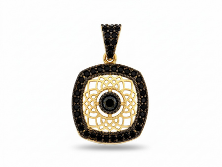 Zawieszka złota przestrzenna kwadratowa ażurowa z czarnymi cyrkoniami