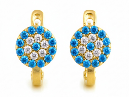 Złote kolczyki małe angielskie z niebieskimi cyrkoniami
