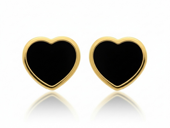 Kolczyki złote serca na sztyfcie z czarnym kamieniem