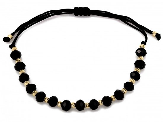 Bransoletka złote kulki i czarne kamienie na czarnym sznurku