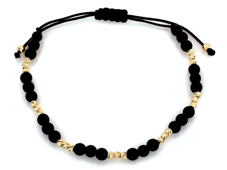 Bransoletka złota i czarne kulki na czarnym sznurku
