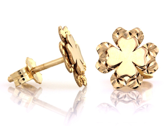 Kolczyki złote podwójna koniczynka na sztyfcie