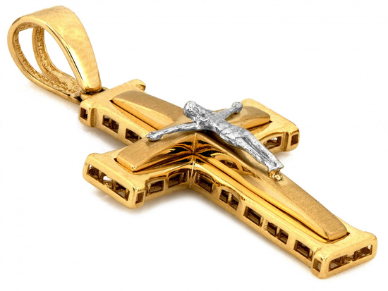 Złota zawieszka krzyżyk z Jezusem rodowany białym złotem