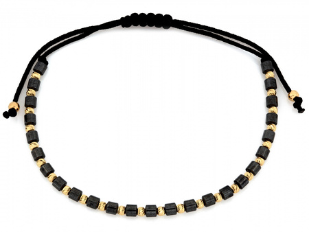 Bransoletka złote kulki i walcowate hematyty na czarnym sznurku