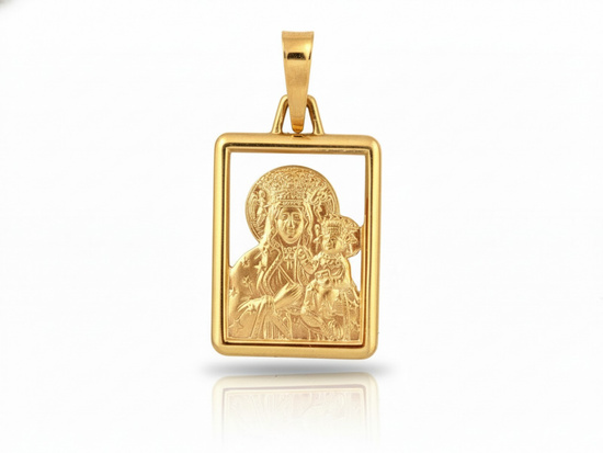 Złoty medalik Matka Boska Częstochowska w prostokątnej ramie