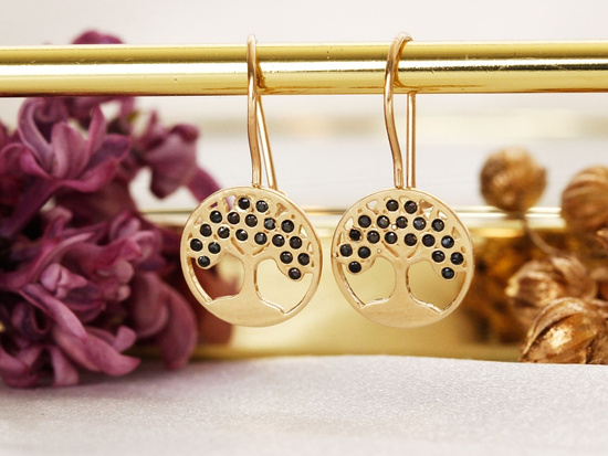 Kolczyki złote na biglu drzewko szczęścia z czarnymi cyrkoniami