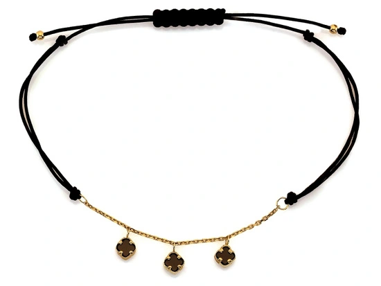 Bransoletka czarna sznurkowa złote kwiatki z czarnymi kamieniami