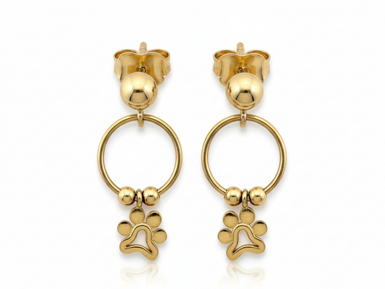 Delikatne złote kolczyki małe kółeczka z wisząca łapą psa
