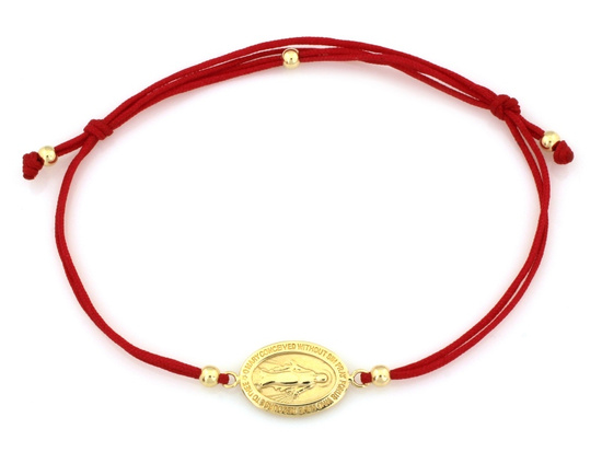 Bransoletka złota medalik Niepokalana na czerwonym sznurku