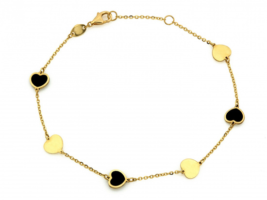 Bransoletka złota z sercami z czarną emalią
