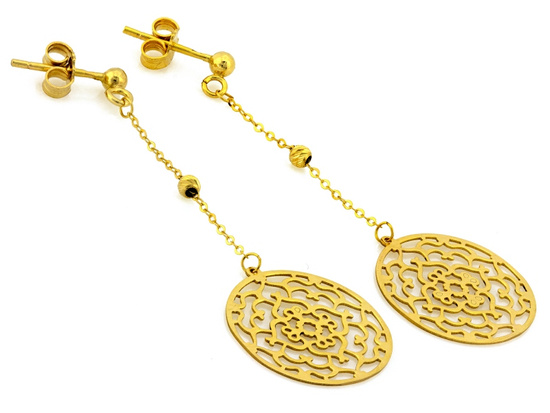 Kolczyki złote wiszące ażurowe koła na łańcuszku