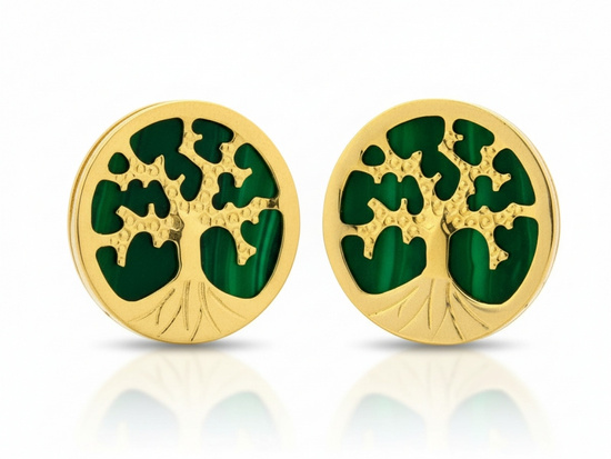 Kolczyki złote na sztyfcie drzewko szczęścia z malachitem