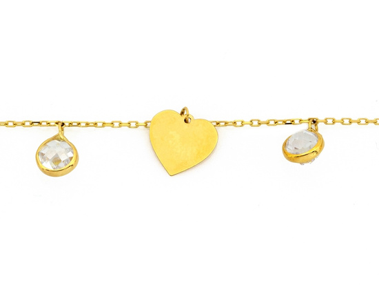 Bransoletka złota łańcuszkowa trzy wiszące serca z cyrkoniami