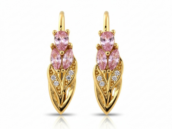 Złote kolczyki zapięcie angielskie z różowymi cyrkoniami