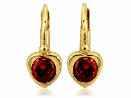 Delikatne złote kolczyki z sercem z czerwonym kamieniem angielskie