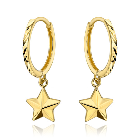 Złote kolczyki 585 diamentowane kółeczka z gwiazdkami