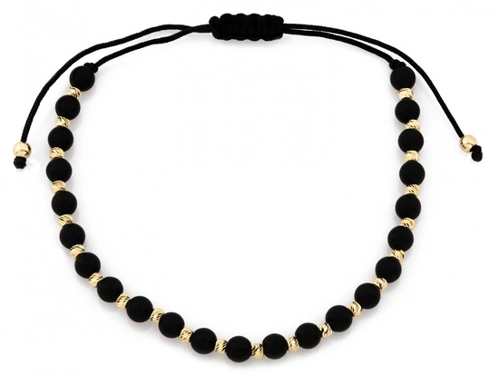 Bransoletka złote kulki i czarne koraliki na sznurku