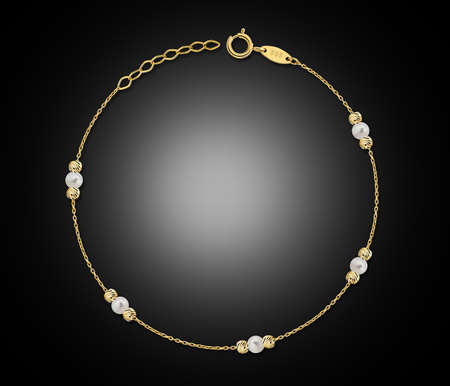 Złota bransoletka 585 z perłami i diamentowanymi kuleczki - 17 - 19 cm