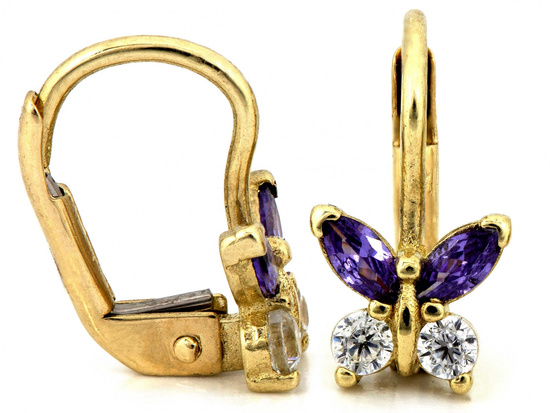 Kolczyki złote angielskie z motylkiem z fioletowymi cyrkoniami