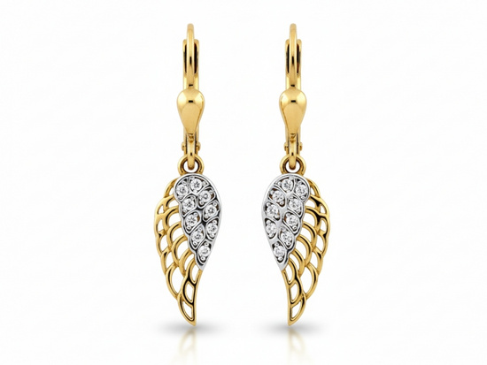 Kolczyki złote z wiszącymi dwukolorowymi skrzydłami