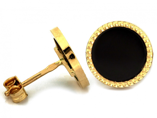 Złote kolczyki okrągłe na sztyfcie z czarnym kamieniem