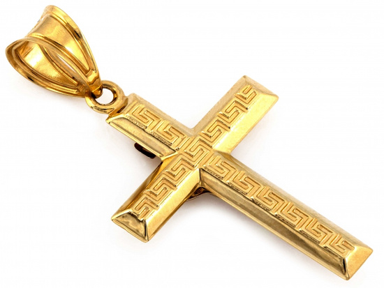 Złota zawieszka duży krzyżyk z białą pasyjką