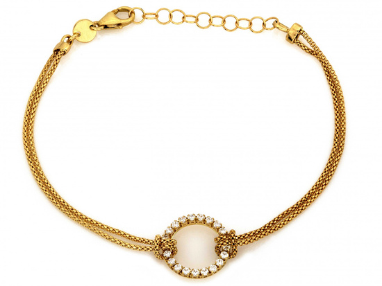 Złota bransoletka podwójny łańcuszek obręcz z cyrkoniami