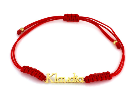 Bransoletka imię Klaudia ze złota na czerwonym sznurku