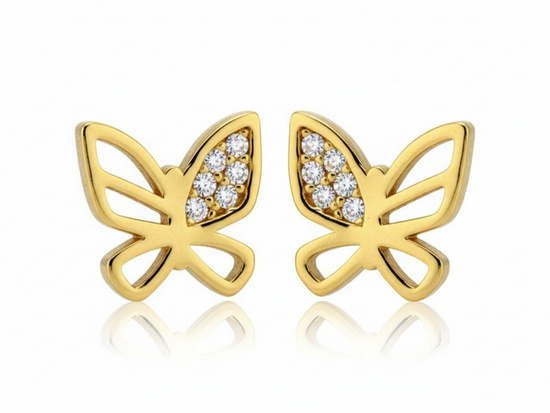 Złote kolczyki motylki na sztyfcie z cyrkoniami