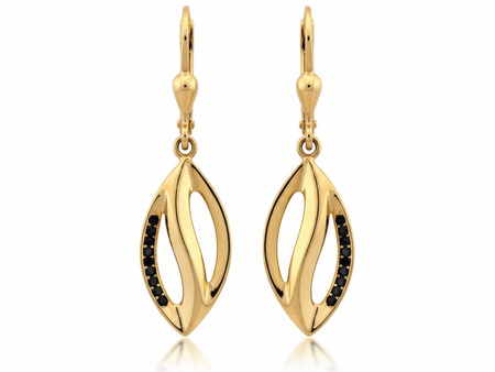 Kolczyki złote wiszące z czarnymi cyrkoniami