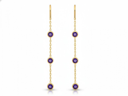 Złote kolczyki długie wiszące z fioletowymi cyrkoniami przeciągane