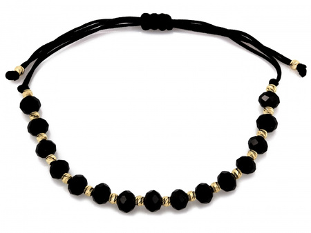 Bransoletka złote kulki i czarne kamienie na czarnym sznurku