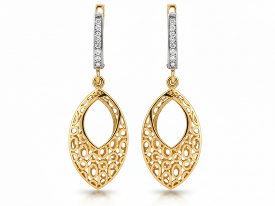 Kolczyki złote wiszące ażurowe z cyrkoniami z białym rodem