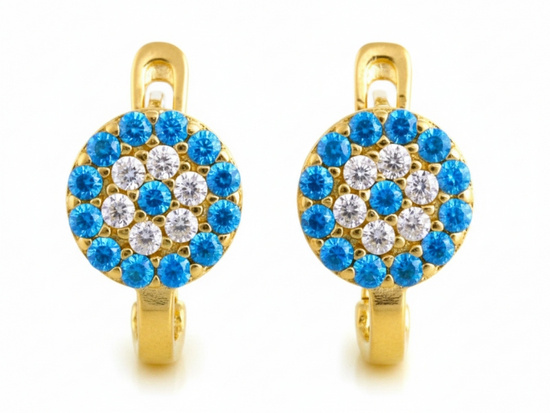 Złote kolczyki małe angielskie z niebieskimi cyrkoniami