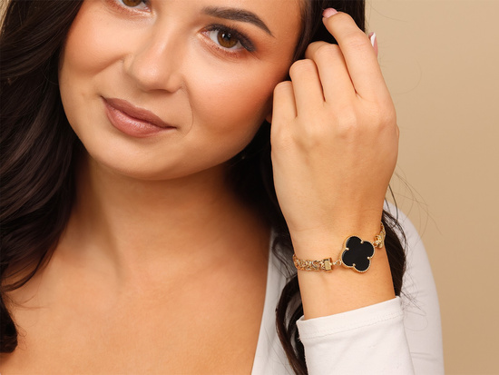 Złota bransoleta gruby splot królewski czarny kwiat z onyksem