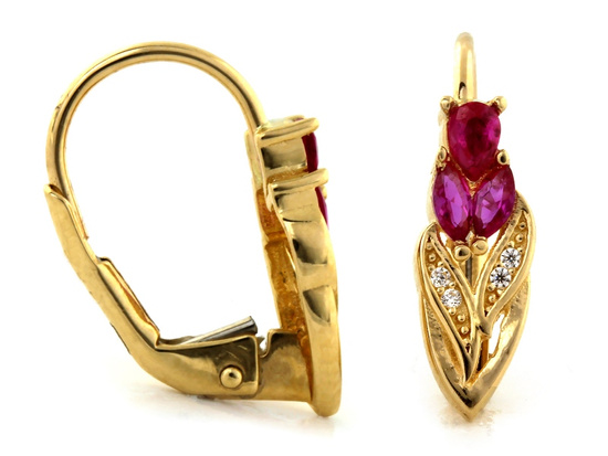 Kolczyki złote angielskie z czerwonymi cyrkoniami