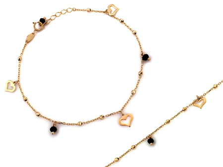 Złota bransoletka delikatna łańcuszkowa z sercami i czarnymi kamieniami