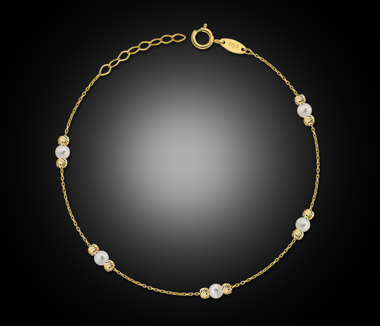 Złota bransoletka 585 z perłami i diamentowanymi kuleczki - 17 - 19 cm