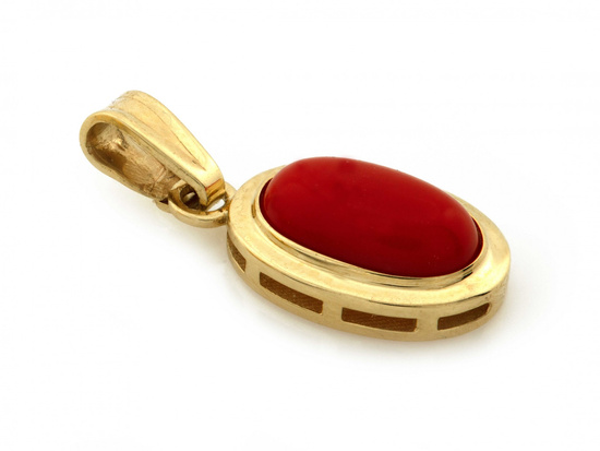 Zawieszka złota owalna z koralem syntetycznym