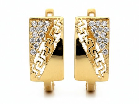 Kolczyki złote angielskie blaszki z cyrkoniami i greckim wzorem
