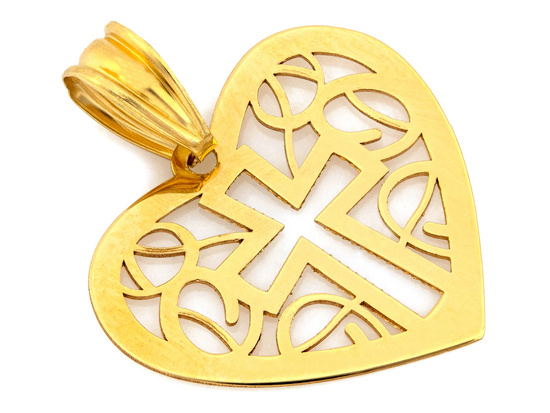 Zawieszka złota ażurowe serce z krzyżykiem medalik