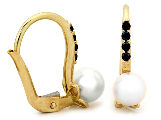 Złote kolczyki angielskie z perłą i czarnymi cyrkoniami