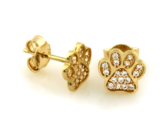 Kolczyki złote na sztyfcie psia łapa z cyrkoniami
